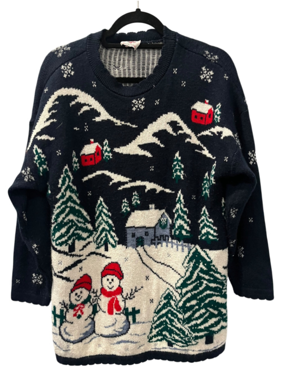 Vtg 80s 90s Nutcracker Ugly Christmas Sweater Navy Blue Snowman Winter Scene L